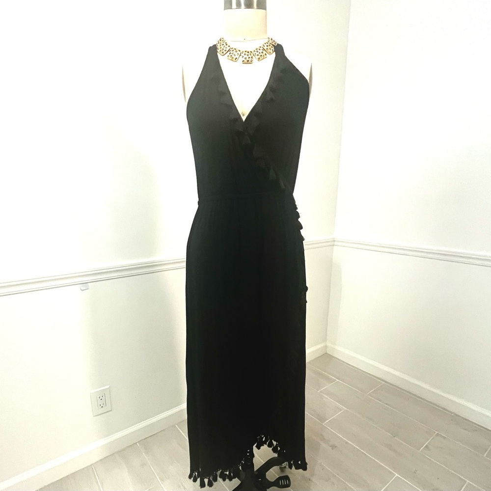 Faux wrap dress with tassel fringe edge deep v neck